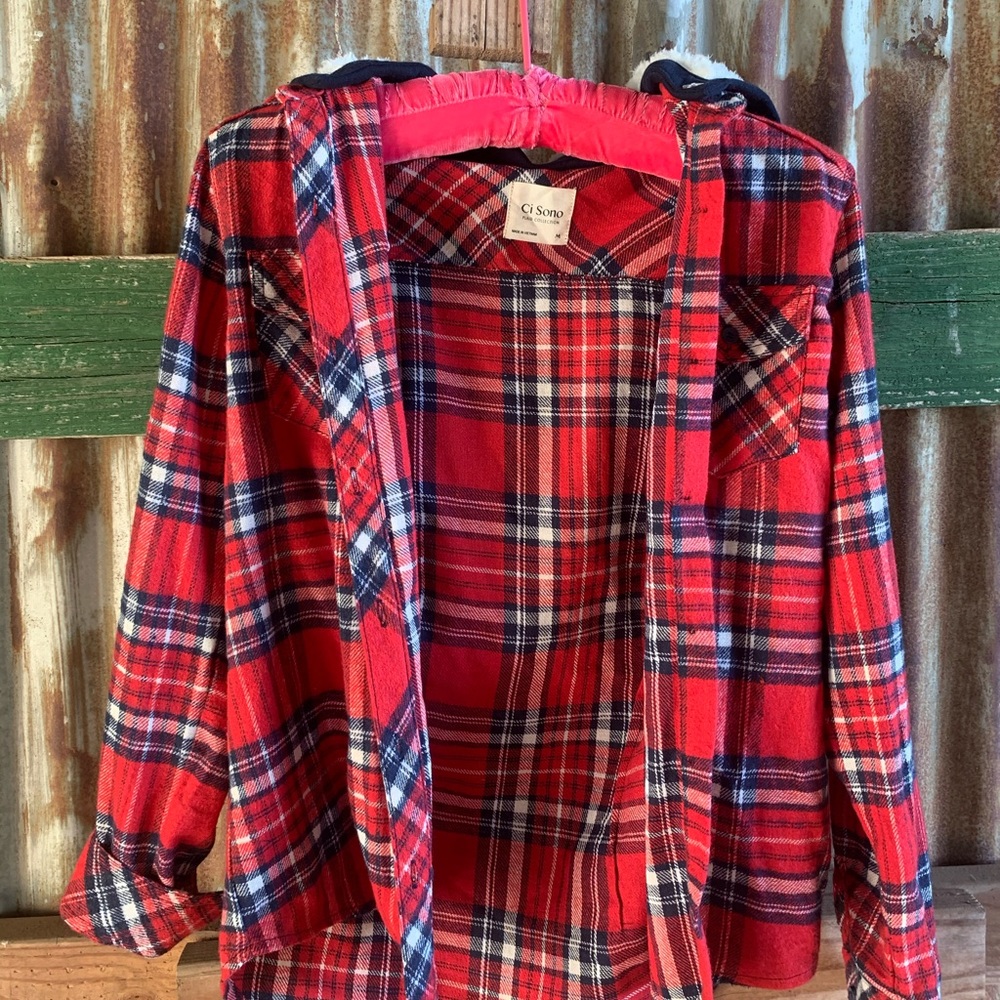 plaid button up coat with detachable hood